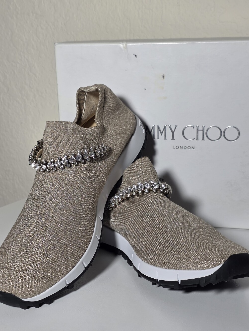 Jimmy Choo Sparkle Slip-On Sneakers Crystal Verona Embellishment Size 38½ Box